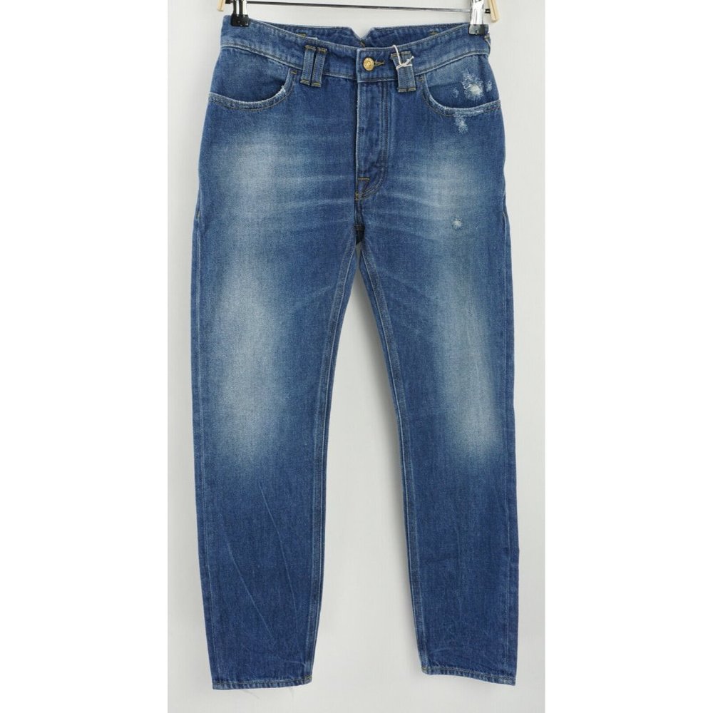 New Cycle Women's 24 x 25 Baggy Medium Blue Mid Rise Distressed Button Fly Jeans